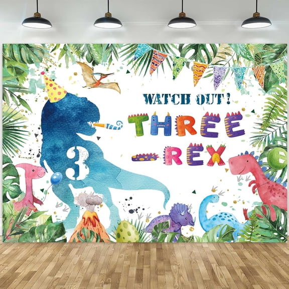 Dinosaur Backdrop for Boys 3rd Birthday Three Rex Birthday Photography Background Cartoon Dinosaurs & Green Leaves Baby Shower Party Banner Cake Table Decor Photo Booth Props