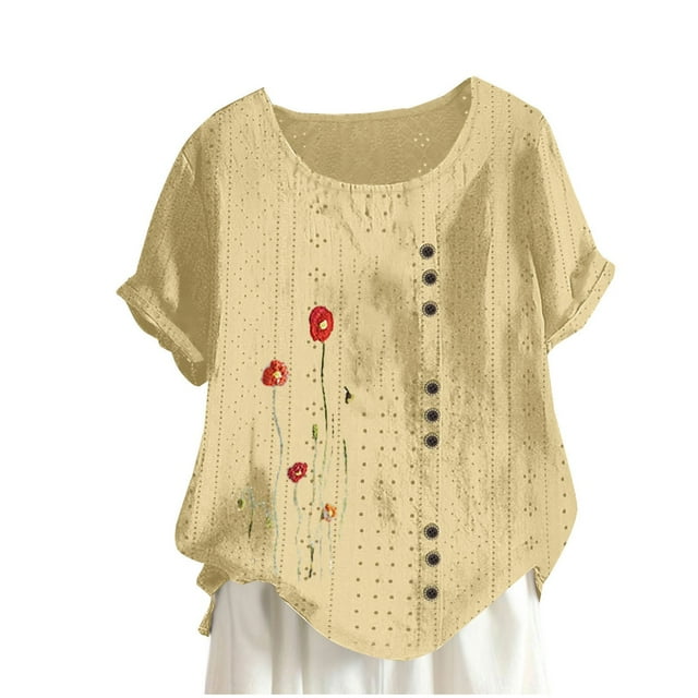 Birdeem Blouses pour Femmes Mode Imprimée Confortable Ample Manches Courtes Blouse Boutonnée Col Rond Décontracté