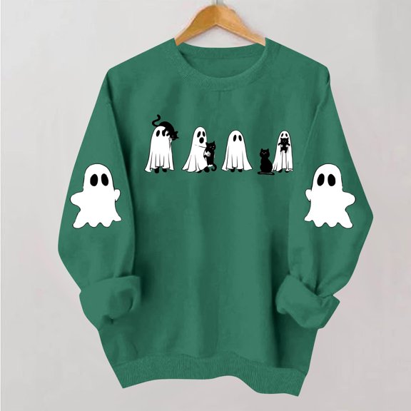 Hurxie Halloween Sweatshirts for Women Ghost Reading Books Sweater Cute Spooky Bookish Shirt Fall Pullover Tops Green,2XL