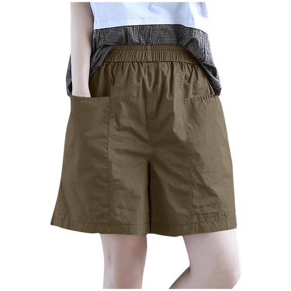 Hueook Womens Bermuda Shorts Loose Shorts Ladies' Casual Loose Elastic Waist Shorts Khaki L