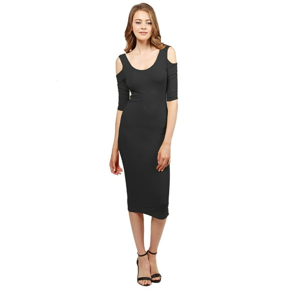 Women's Solid Soft Stretch Ribbed Cut out Shoulder Bodycon Midi Dress