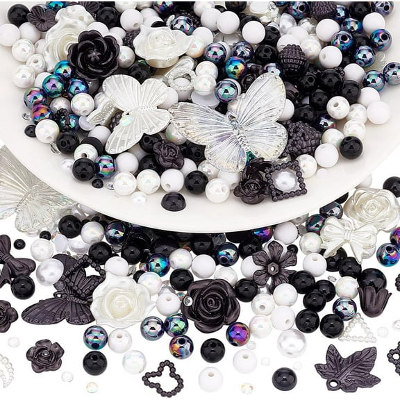 DIY Jewelry Making Finding Kit Including Resin Cabochons and Beads Acrylic Beads Flower & Butterfly & Ring & Half Round Black and White 4~30x4~41x2~9mm Hole: 1.4~2.5mm