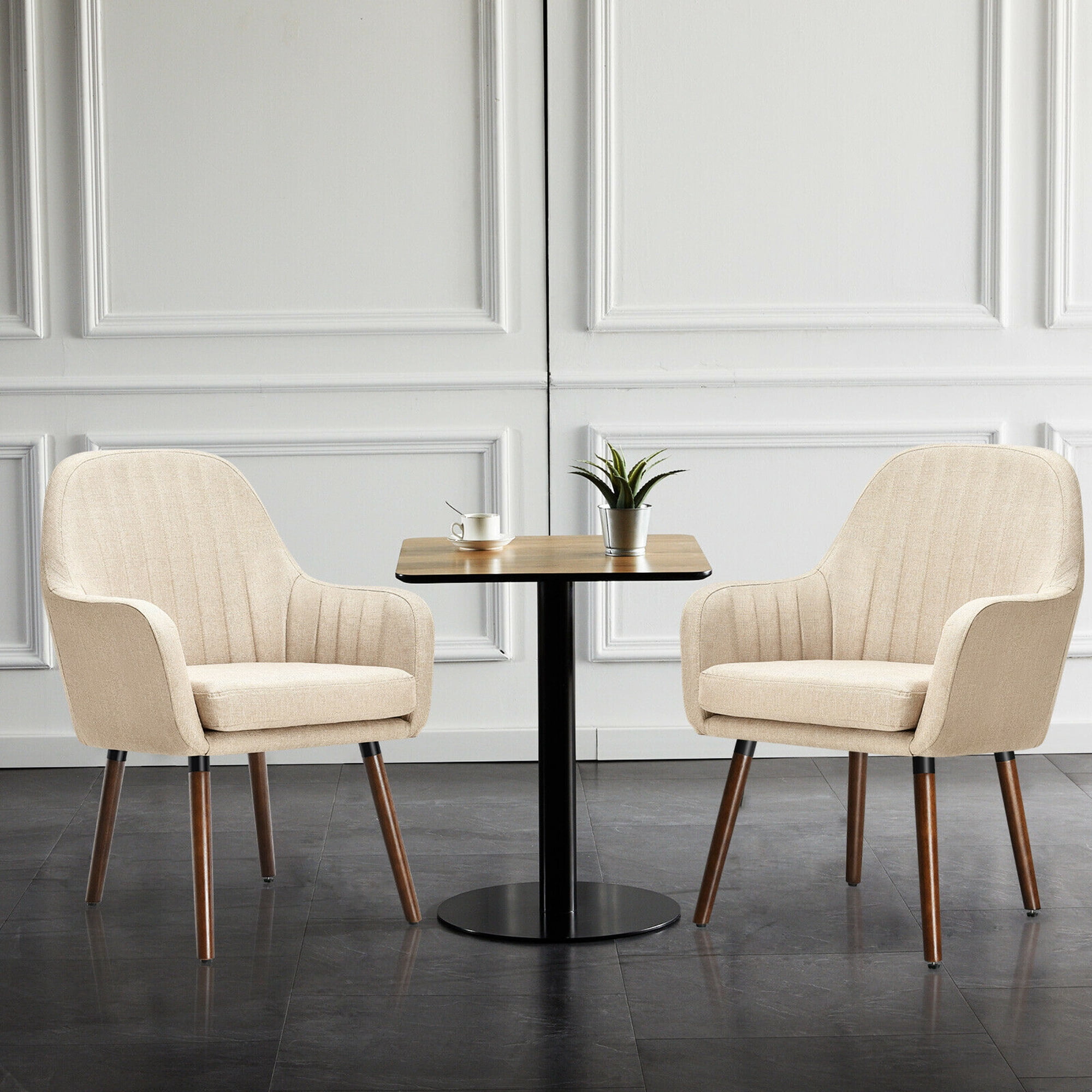 Gymax Set of 2 Accent Chairs Fabric Upholstered Armchairs w/Wooden Legs Beige