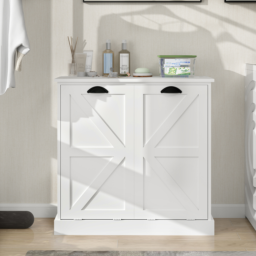 MIDOQIN Double Tilt Out Laundry Hamper Cabinet, Wooden Hidden Laundry Sorter Cabinet Free Standing Trash Can Cabinet for Home, Living Room
