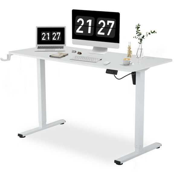 YRLLENSDAN 55 IN Electric Standing Desk Adjustable Height, Modern Computer Table with Headset Rack, Ergonomic Office Desk with 2 Memory Function, White