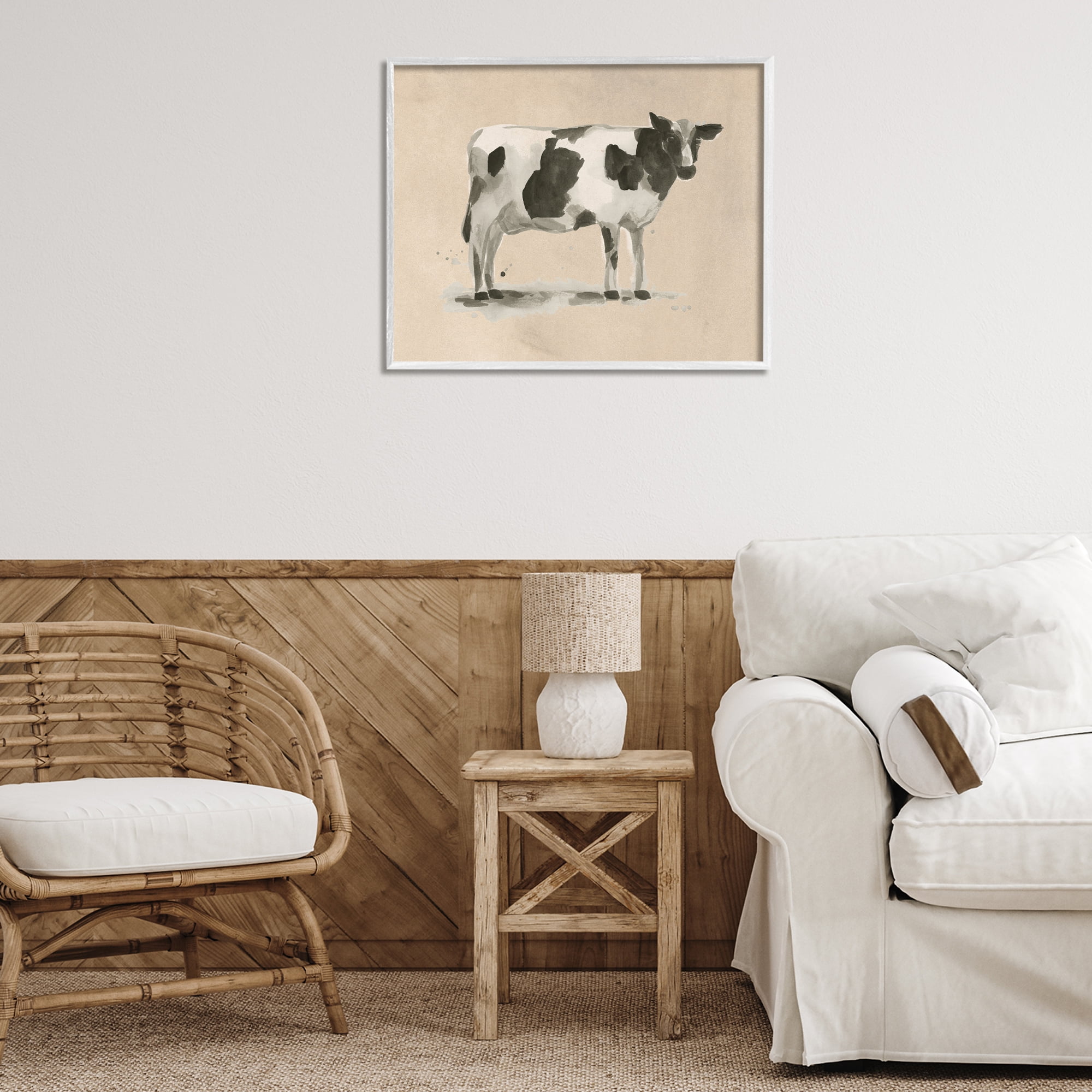 Stupell Industries Traditional Cow on Beige Animals & Insects Painting White Framed Art Print Wall Art, 30 x 24