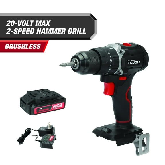 Hyper Tough 20V Max Brushless 2-Speed Cordless Hammer Drill with 1.5Ah Lithium-Ion Battery and Charger