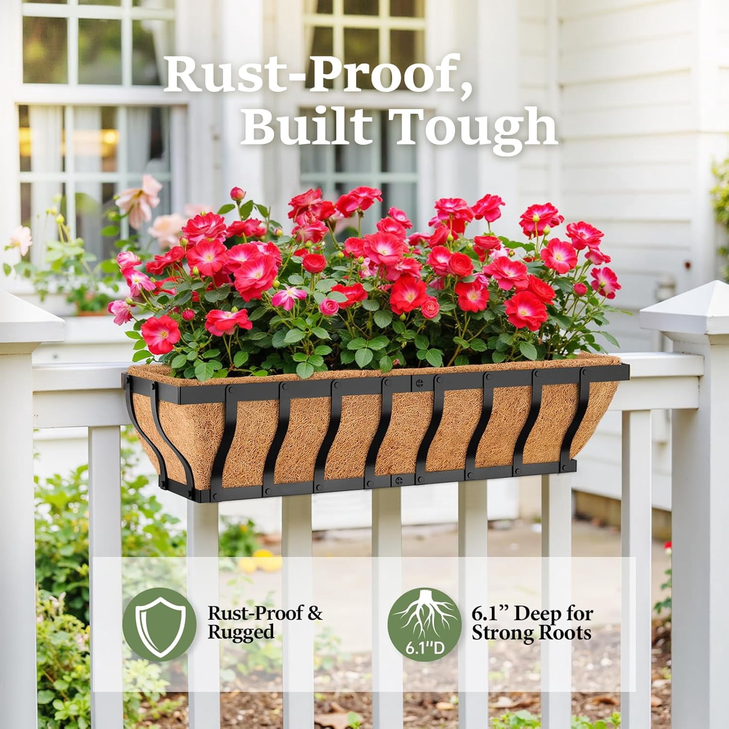 Heavy Duty Window Box Planters, Railing Planter Boxes, Adjustable Balcony Planters for Railing Hanging, with Coco Liner & Support Rod for Deck, Porch, and Patio Gardening