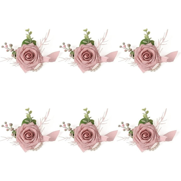Dusty Rose Wrist Corsage Set of 6 for Wedding Prom Party, Artificial Flower Wrist Corsage Bracelets, Homecoming Corsage Wristlet, Corsage Flowers for Bride, Bridesmaid, Girls 6pcs Dusty Rose Wrist