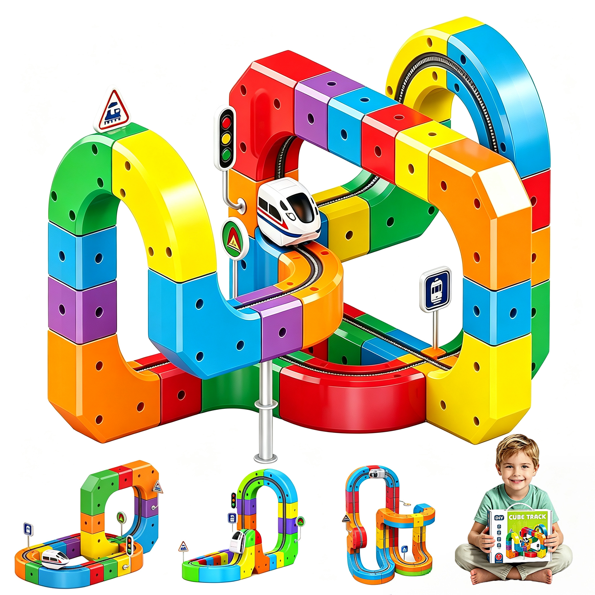 WLBES Electric Train Set, 3D Magic Flexible Plastic Race Track Kit with Anti-Gravity, STEM Train Toy for Boys Girls Ages 3-8, Birthday Gift