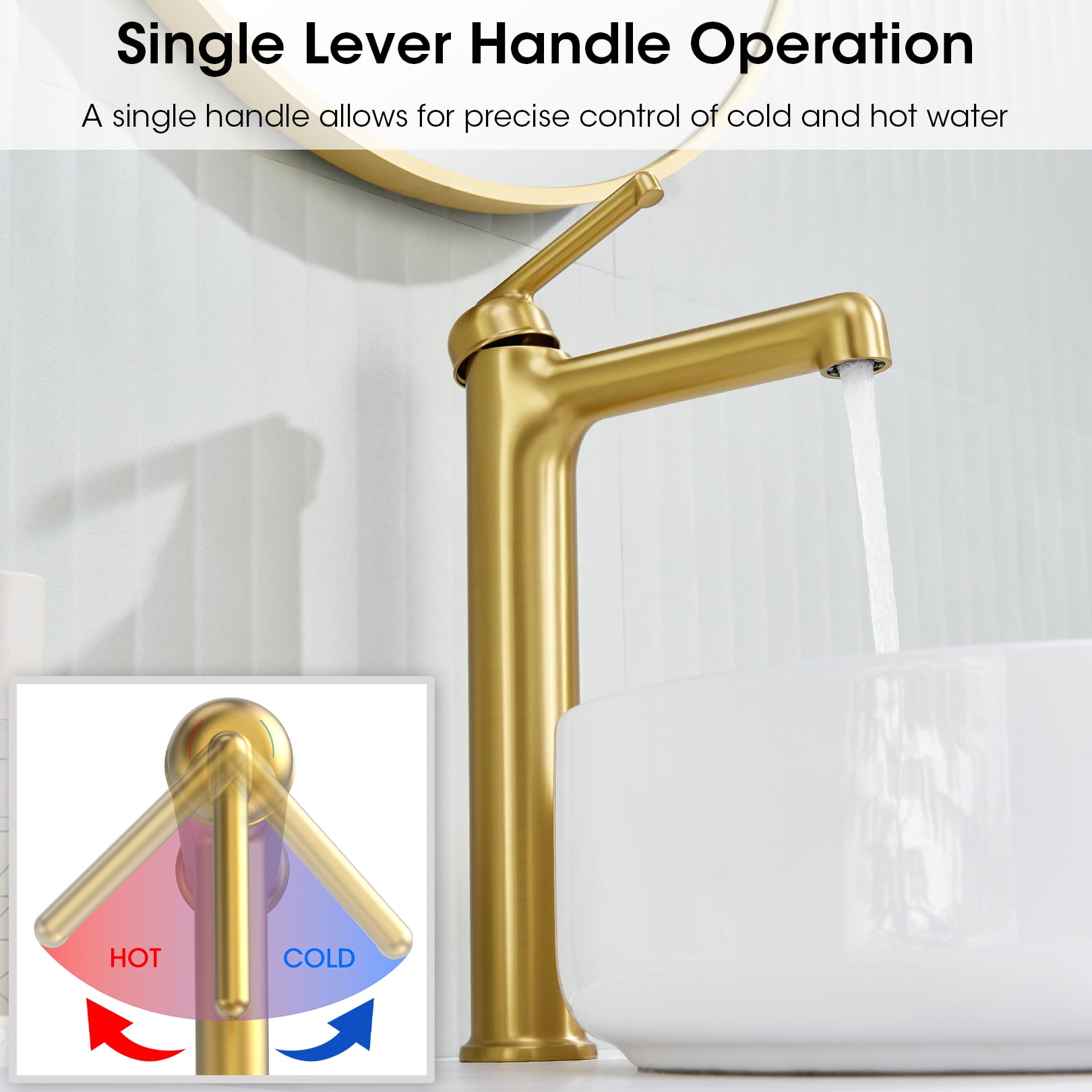 Wowkk Brushed Gold Bathroom Faucets 9.84" High Spout Tall Basin Faucet, Single Handle Bathroom Sink Faucet with Pop Up Drain and Faucet Supply Lines