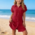 thumbnail image 4 of Virmaxy 3-12 Years Solid Color Crinkle Shirt Dress Rolled Sleeve Button Down Collared Casual Dress for Beach Vacation and Daily Wear, 4 of 8