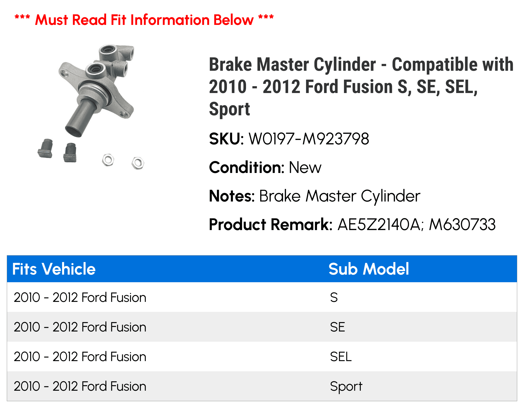 Brake Master Cylinder - Compatible with 2010 - 2012 Ford Fusion S, SE, SEL, Sport 2011