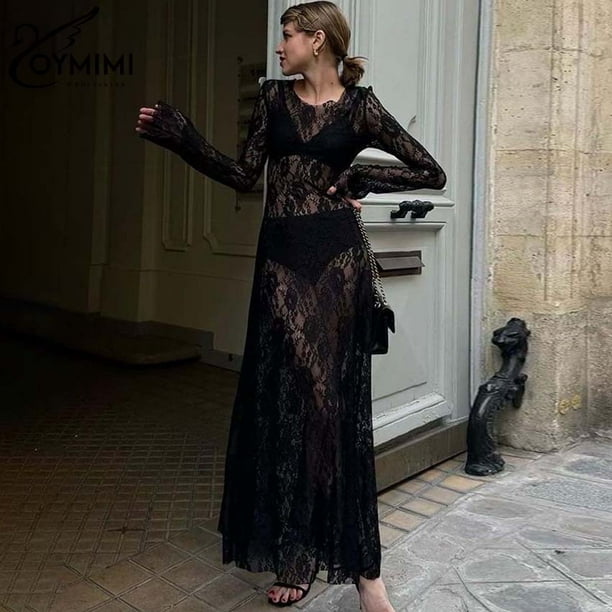 Oymimi-vestido Sexy de encaje negro para mujer, elegante vestido transparente de manga larga con cuello redondo, a la moda, recto, hasta el tobillo