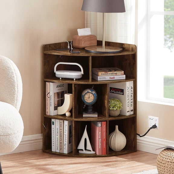 VECELO 4-Tier 8-Cubby Wooden Corner Cabinet Bookcases with Charging Station, Brown