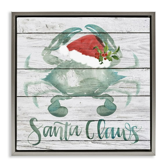 Stupell Industries Blue Crab Nautical Christmas Pun Nature Painting Gray Floater Framed Canvas Art Print Wall Art, 25 x 25