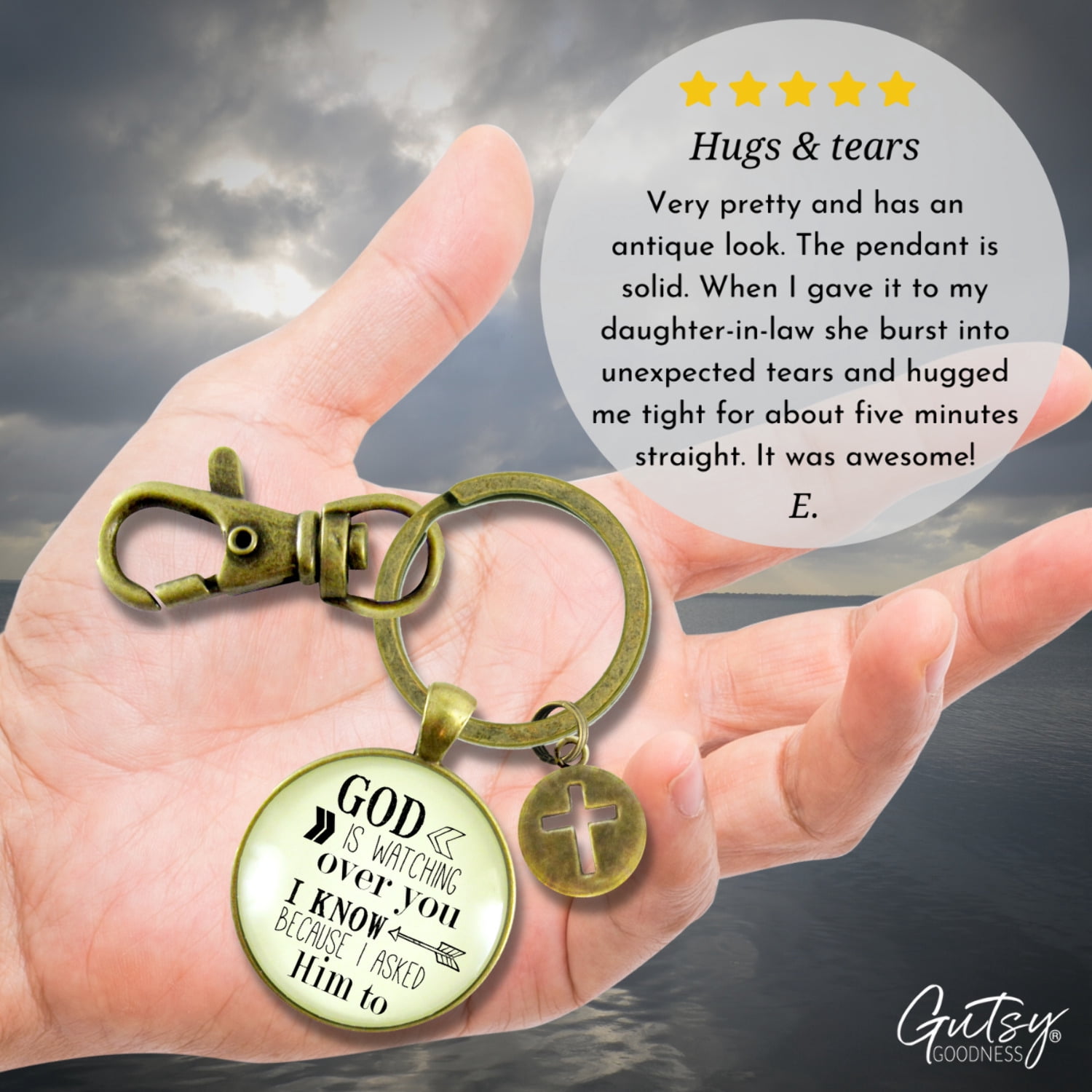 Faith Gutsy Goodness Bronze Keychain He Is Watching Over You Men Women Vintage Bronze Key Ring
