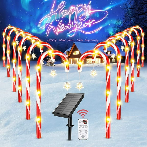 Outdoor Christmas Decorations, 12 Pack Solar Christmas Candy Cane Lights with Wireless Remote Control & Bigger Solar Panel, 9 Modes Bright All Night Solar Christmas Yard Pathway Decorations