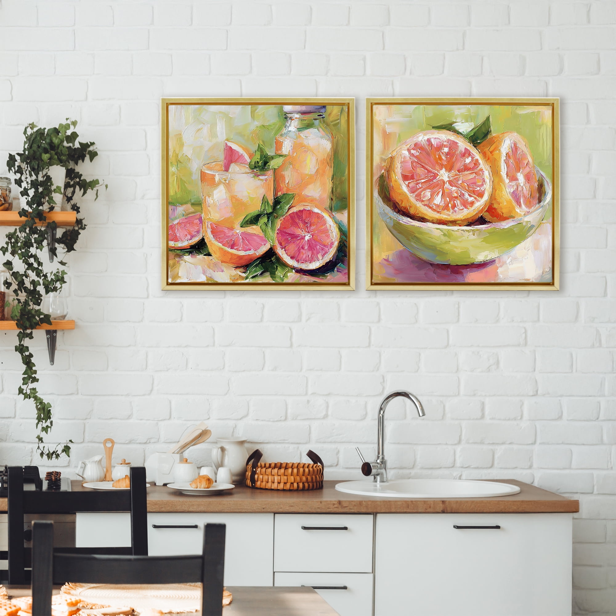 Stupell Industries Grapefruit Drinks & Fruits 2 Piece Gold Framed Floater Canvas Set, design by Riley B