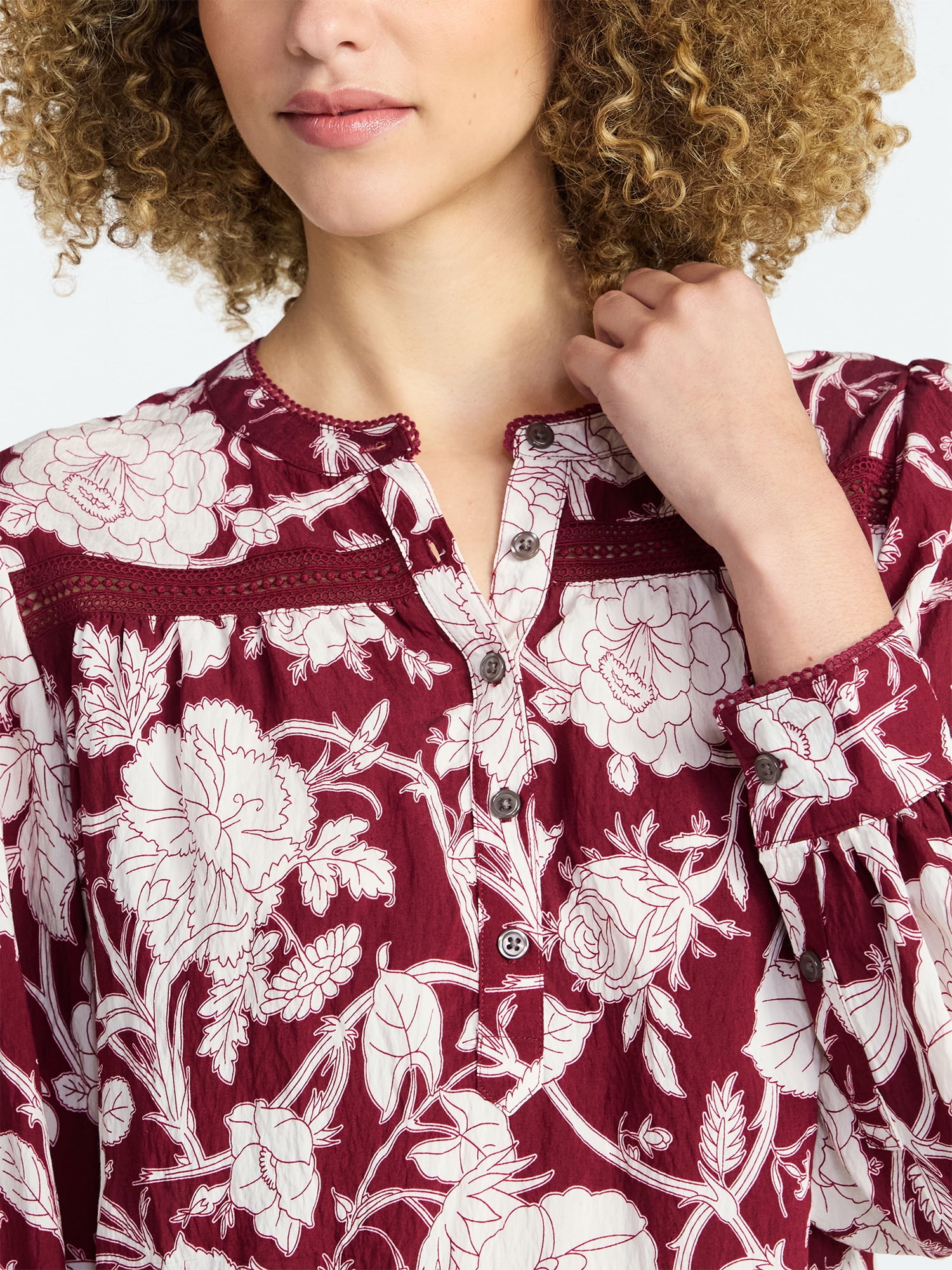 Time and Tru Women's Lace Yoke Shirt with Long Sleeves Sizes XS-XXXL