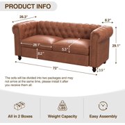 Mid Modern Chesterfield Faux Leather Sofa, 72 Inch Brown Couch with Rolled Arms and Rivets