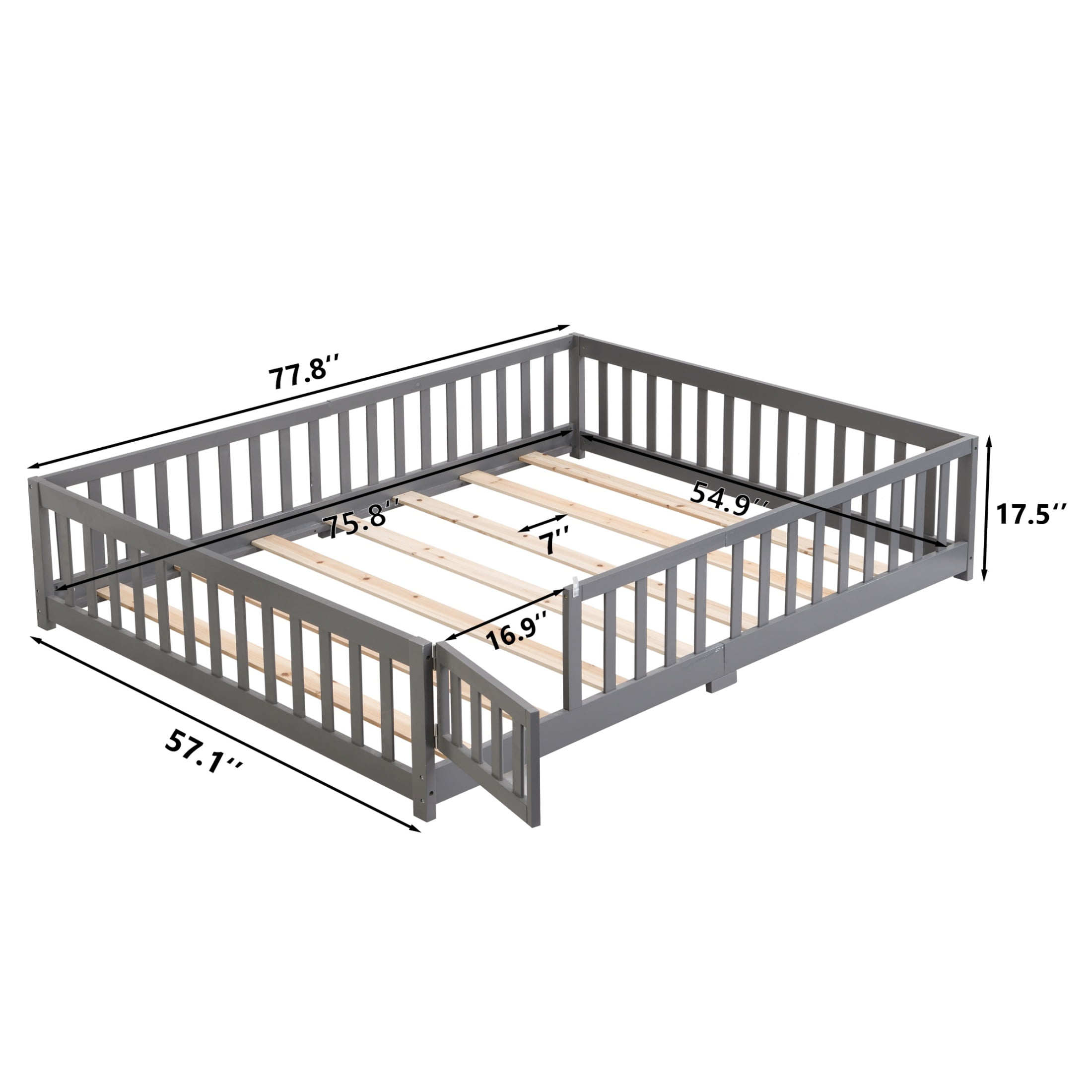 Full Size Bed Frame with Door and Fence,Guardrails and Solid Slats,Solid Wood Platform Full Bed Frame for Girls and Boys,77.8"x57.1"x17.5",Gray