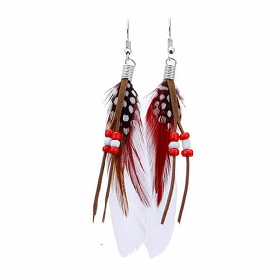 Kiplyki Bohemian Style Bead Tassel Feather Earrings Fashion Feather Chain Dangle Earring