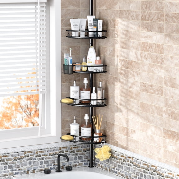 TINANA 4-Tier Corner Shower Caddy, 43.5-120 in Adjustable Tension Pole Bathroom Organizer, No-Drill Stainless Steel, Black