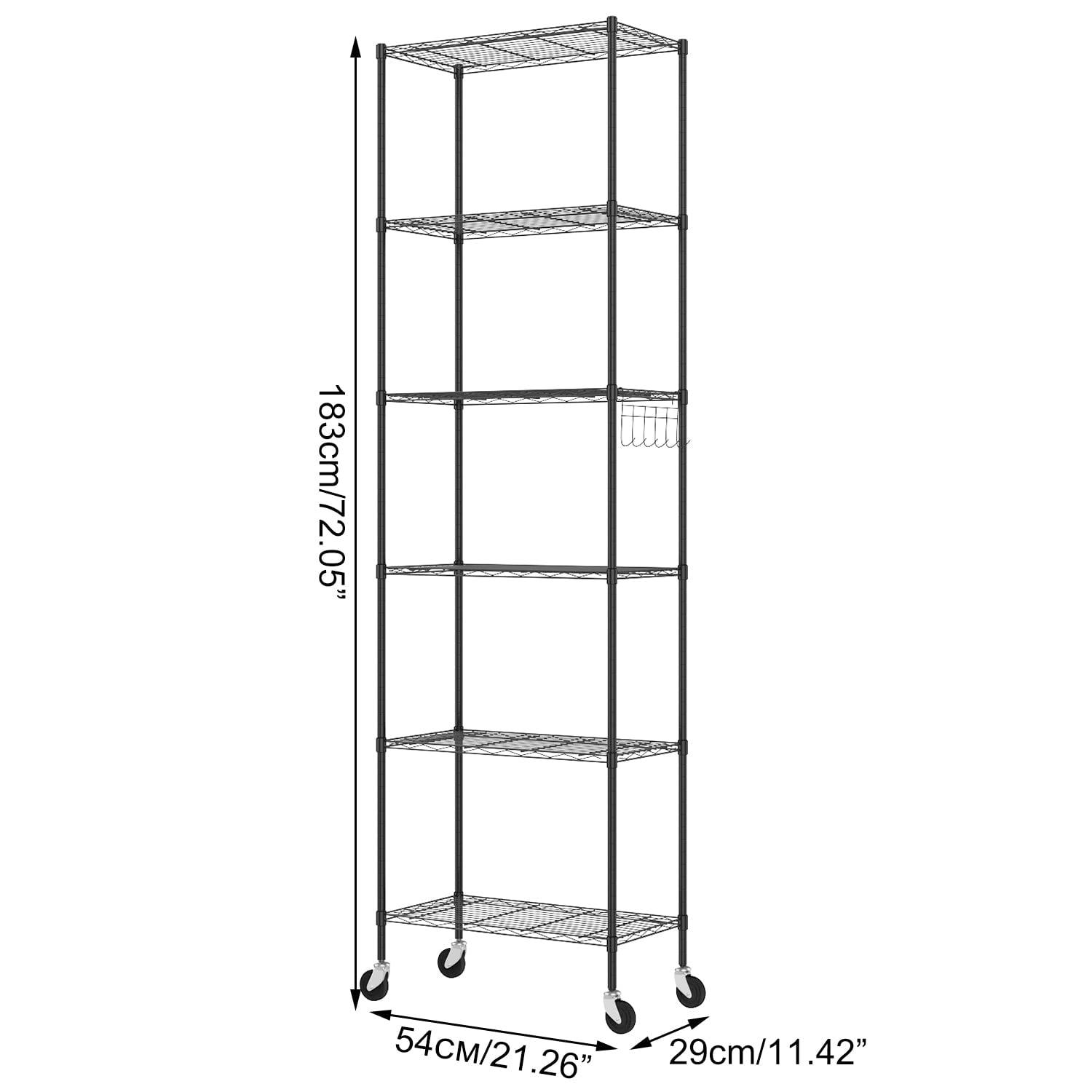 Sailvan 6-Tier 72"H Metal Storage Rack with Wheels, Slim Wire Shelving Unit for Pantry Kitchen Bathroom, Adjustable Shelves with Hooks, 530lbs Cap,Black