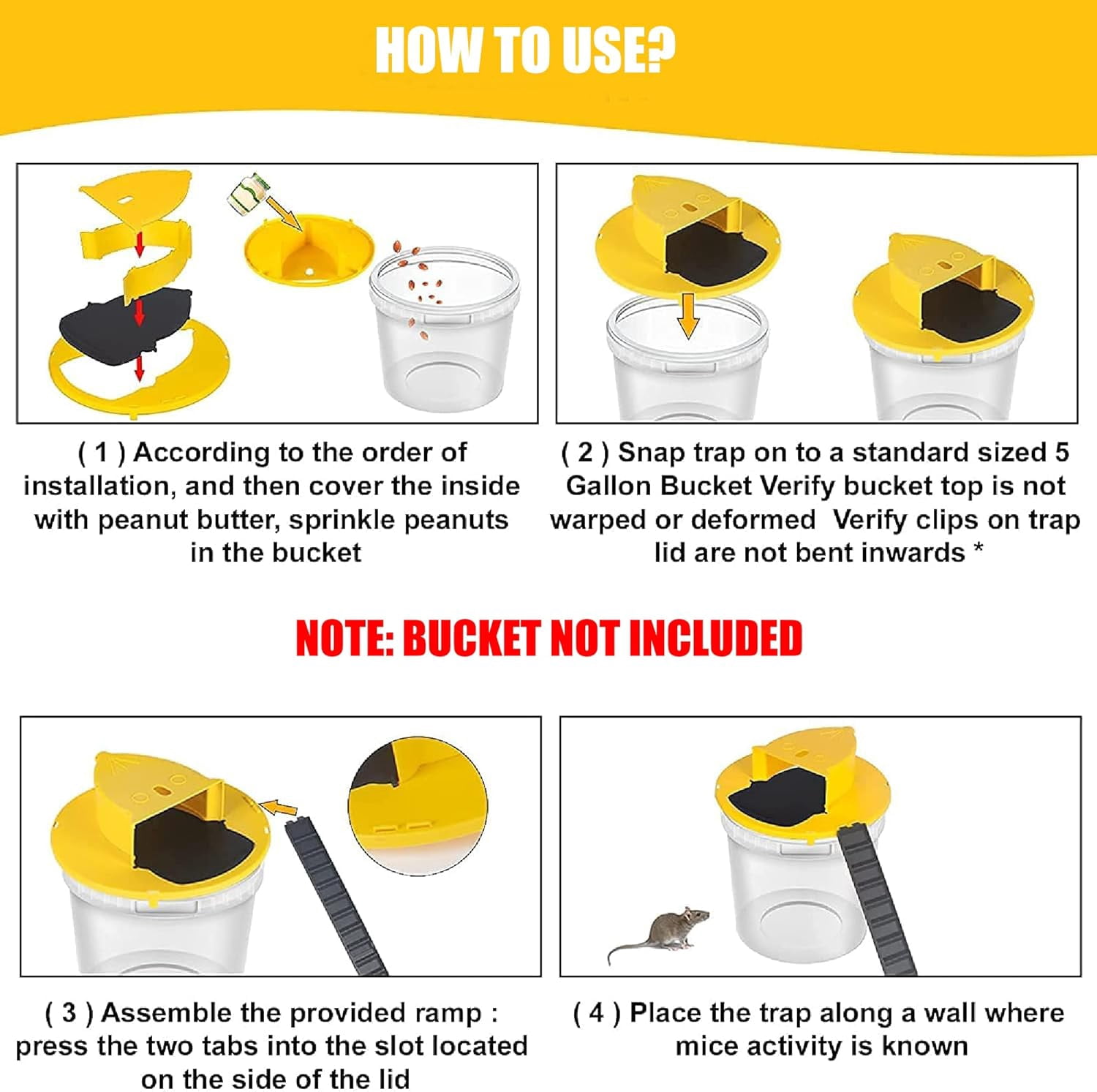 Mouse Trap Bucket- 5 Gallon Bucket Lid Mouse Rat Trap 4 Pack - Automatic Reset Flip and Slide Mouse Trap - Humane Mouse Rat Traps for Indoor Outdoor Use - Reusable Mouse Trap