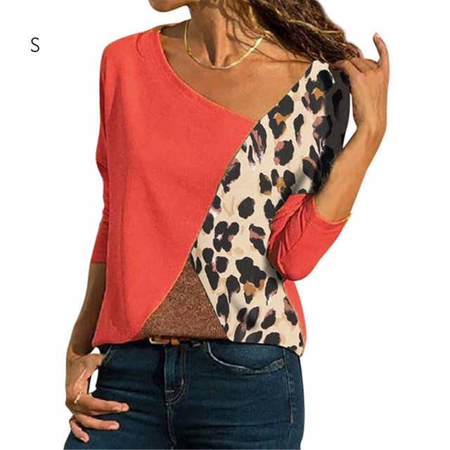 Camiseta de mujer de manga larga con cuello redondo y blusa informal con bloques de color, rojo, S kenally AP001589-01