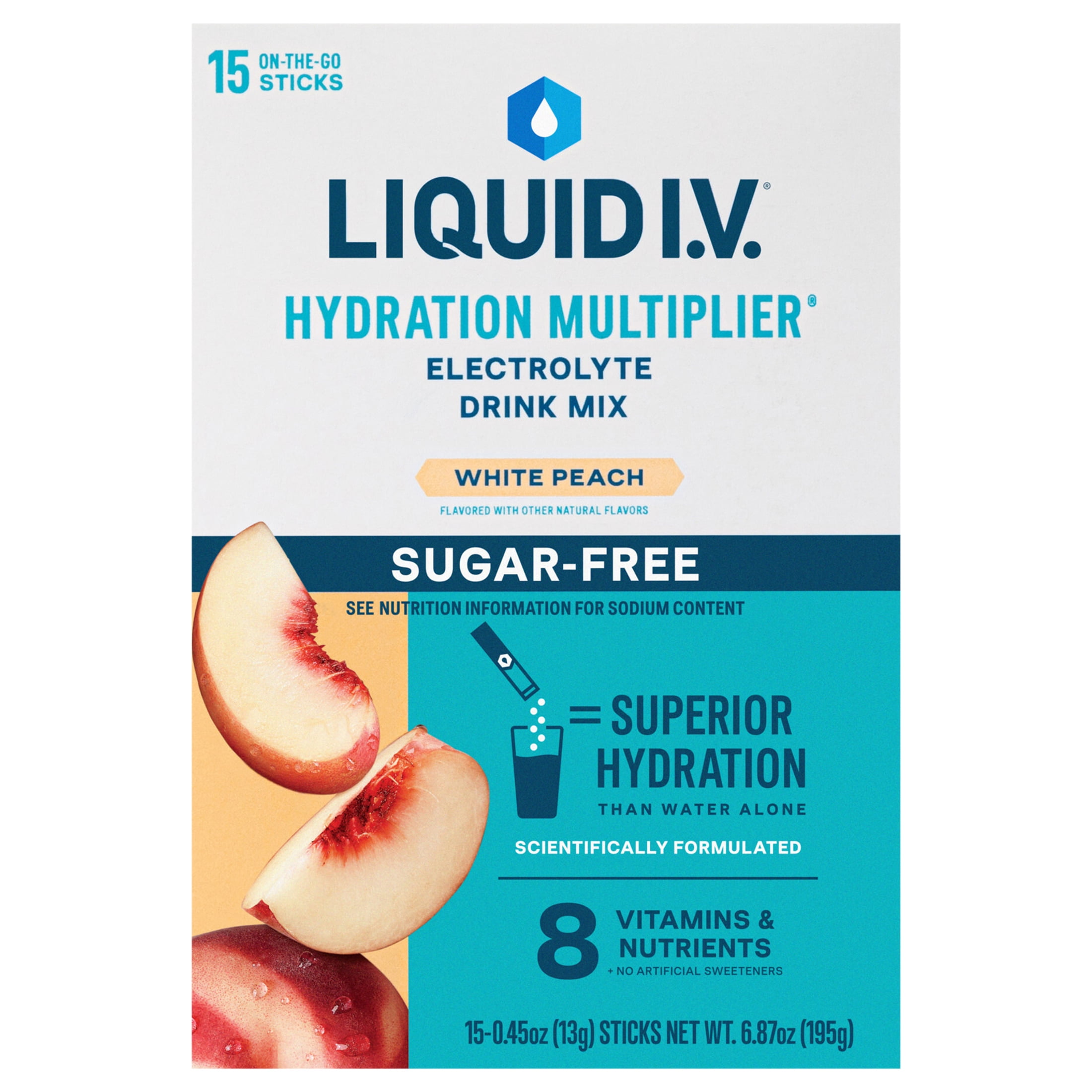 (4 pack) Liquid I.V.® White Peach Hydration Multiplier® Sugar-Free Powdered Electrolyte Drink Mix, 15 Count Packets