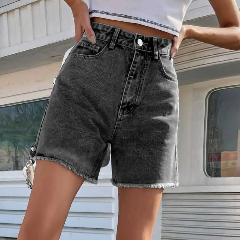 Denim Jean Shorts for Women Wide Leg Distressed Raw Hem Bottom High Waisted  Casual Summer Hot Pants Shorts (Small, Dark Gray) 