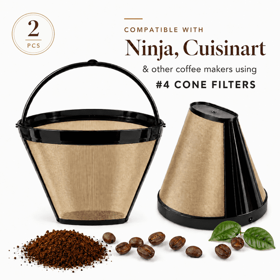 2Pcs Reusable Coffee Filter Basket, No.4 Cone Coffee Maker Filters, for Ninja and Cuisinart Coffee Maker Machines Brewers Filter Replacement