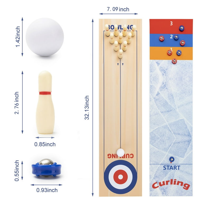 Tabletop Curling Game, 3 in 1 Curling, Bowling, Shuffleboard Game Set, Easy  to Set Up Double-Sided Roller Mat, 10 Mini Bowling Pins, 8 Curling Pucks 