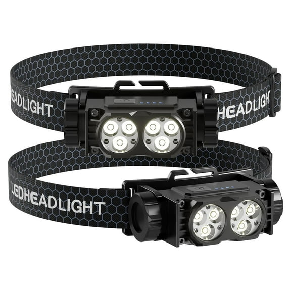 Rechargeable Headlamp (2PCS), 4500 Lumen Ultra-Light LED Headlamp, Waterproof with Headband, for Camping and Hiking, Black.