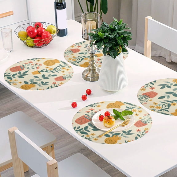 Round Grid Placemat ,One Sizex1, Round Placemat, PVC Plate Mat,15.4 Inch Non-Slip and Heat Resistant, Table Placemat, Dining Room Placemat Painting Style Green Plant