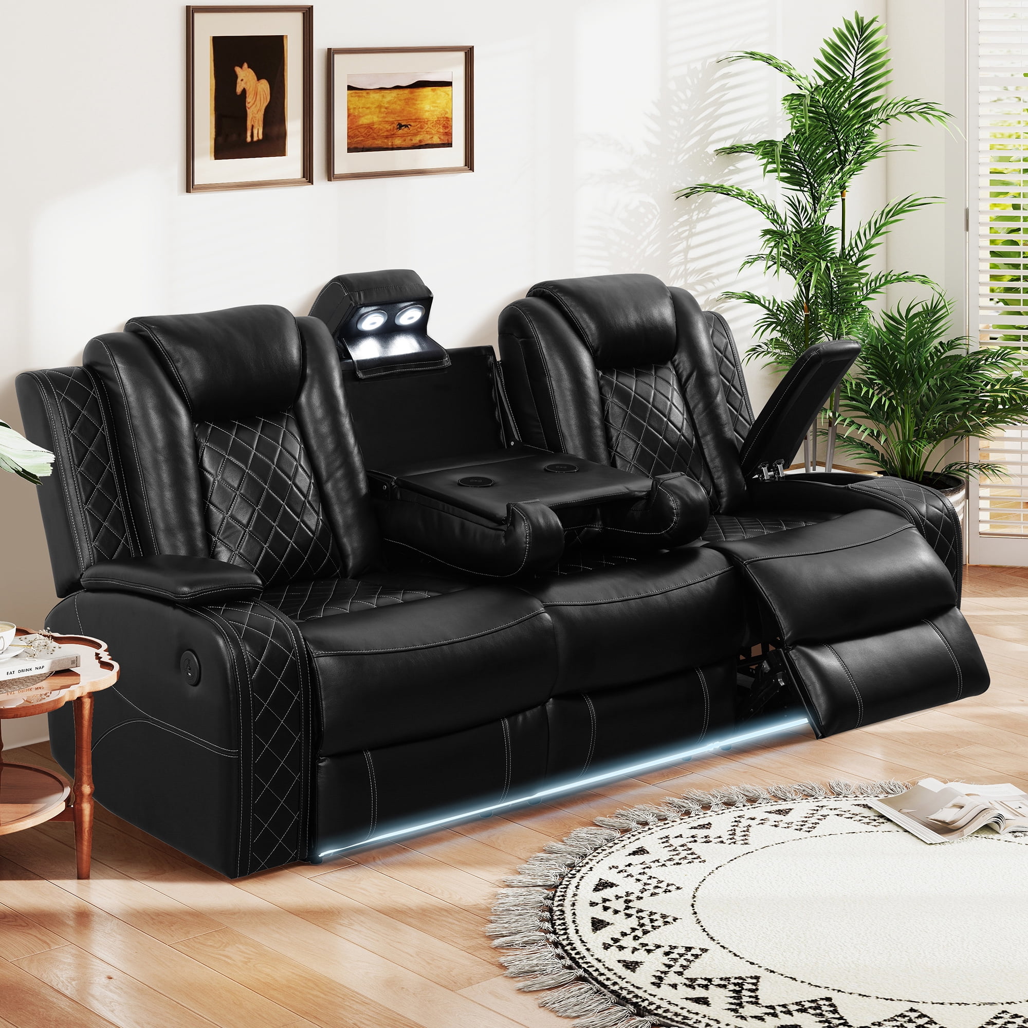 Aukfa 3-Seater Power Recliner Sofa Set W/ Wireless Charging, Reading Light & Storage, Modern Home Theater Seating for Living Room, Black