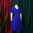 thumbnail image 3 of AURA Plus Size Trumpet Sleeve A Line Midi Dress High Waist Belted Crewneck Solid Color Summer Casual Elegant Dress, 3 of 9