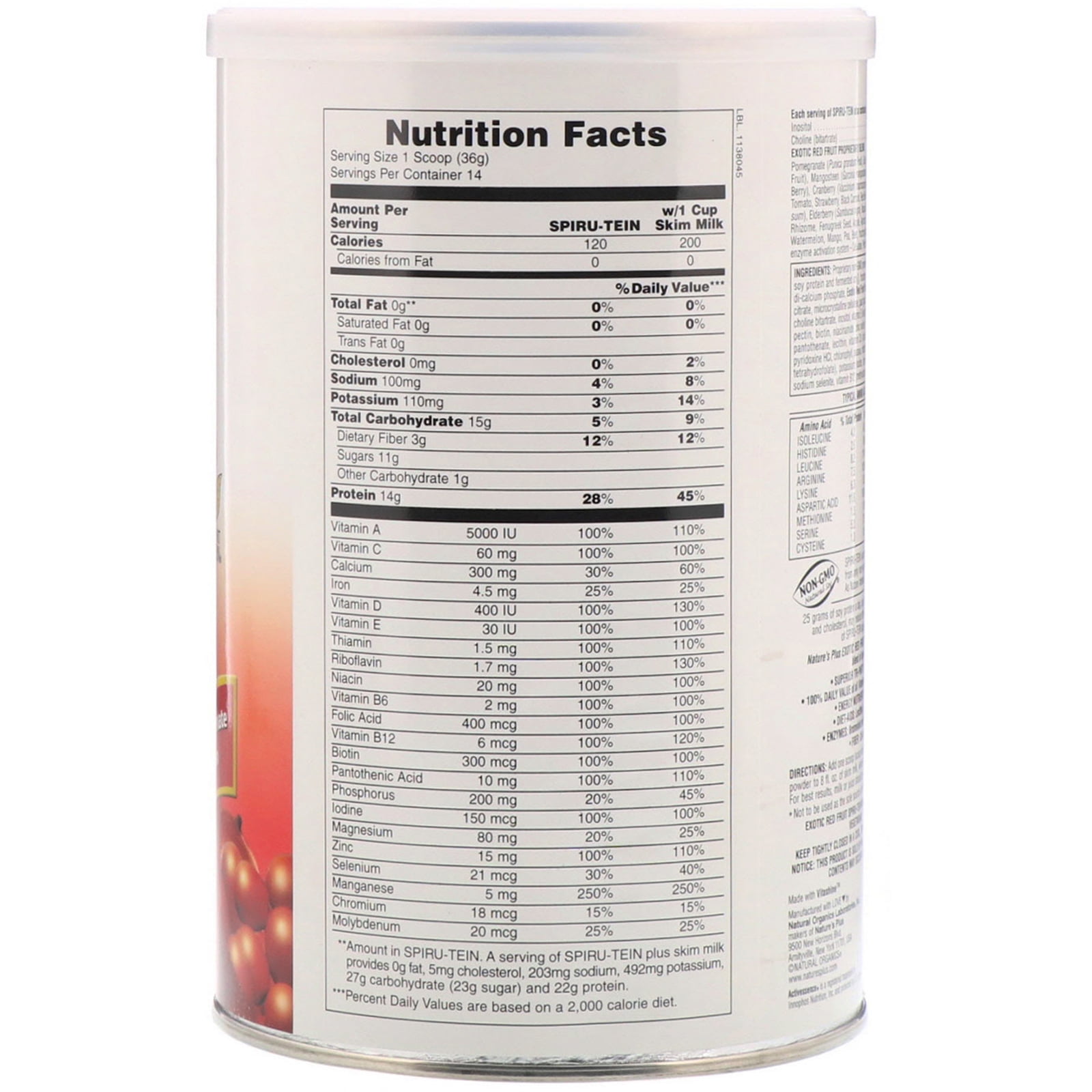 Nature's Plus Spiru-Tein (Spirutein) Exotic Red Fruit Shake 1.1 lbs Powder
