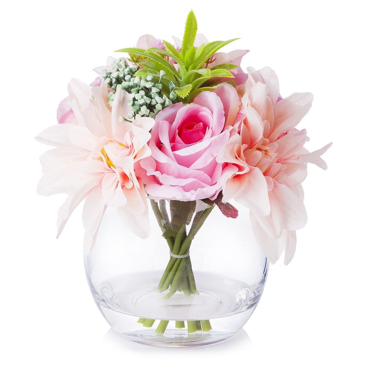 Enova Home Mixed Silk Rose And Dahlia Flower Arrangement In Clear Glass Vase With Faux Water