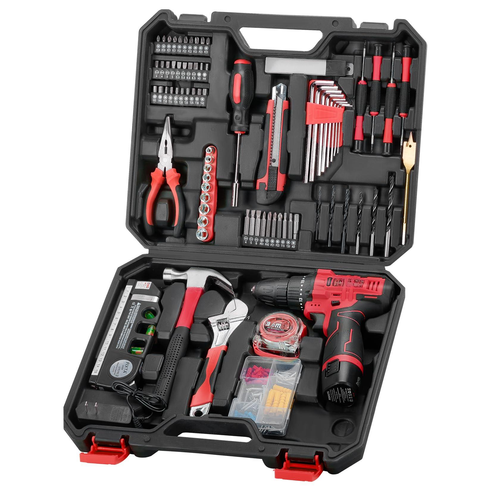 Cordless Drill Tool Set: 12v Power Kit With Level & 142pcs Home Hand Repair Tools Box Portable Household Basic Drills Case For Men Women Red