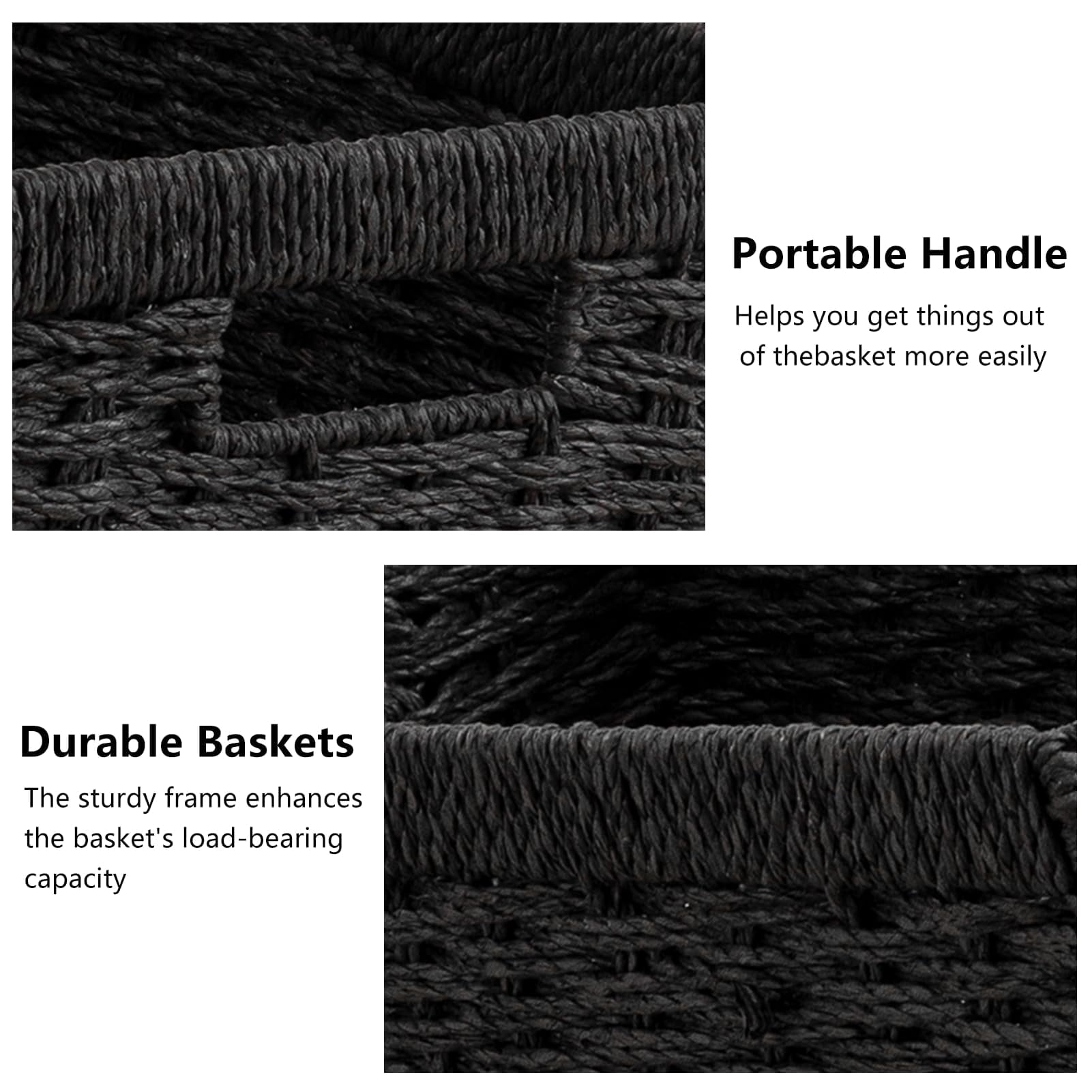 Rectangular Foldable Hand-Woven Storage Baskets Black 4 Pack 13.4l X 8.3w X 7.1h Inch For Pantry Shelves Organization