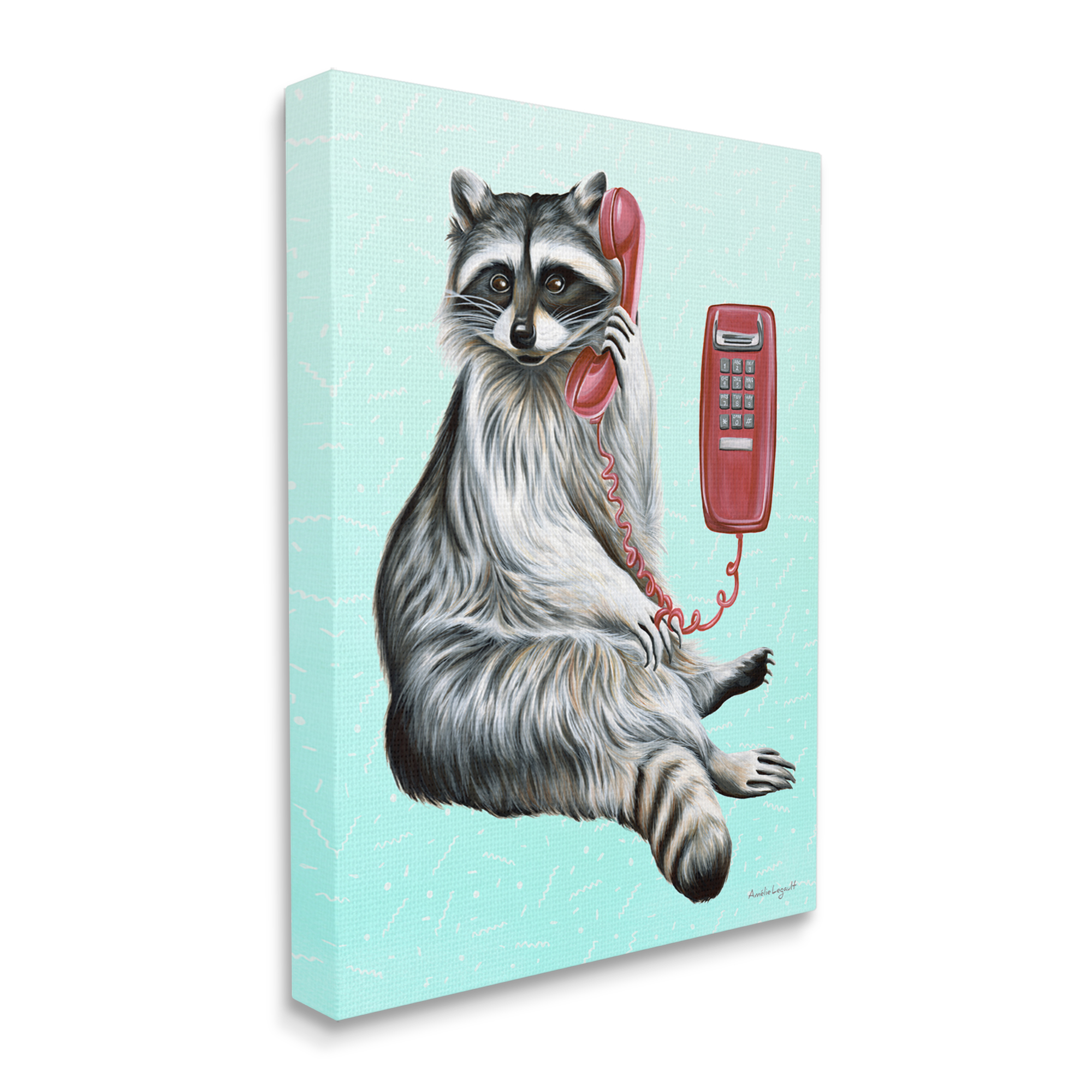Stupell Industries Raccoon Lounging Cord Phone Vivid Turquoise Background Graphic Art Gallery Wrapped Canvas Print Wall Art, Design by Amelie Legault