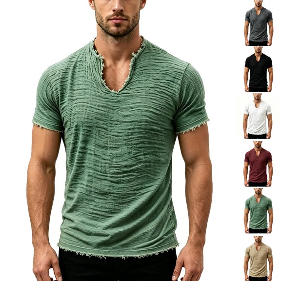 Yifymode Linen Shirts for Men Short Sleeve V Neck T Shirts Tassel Retro Casual Summer Beach Vacation Tops