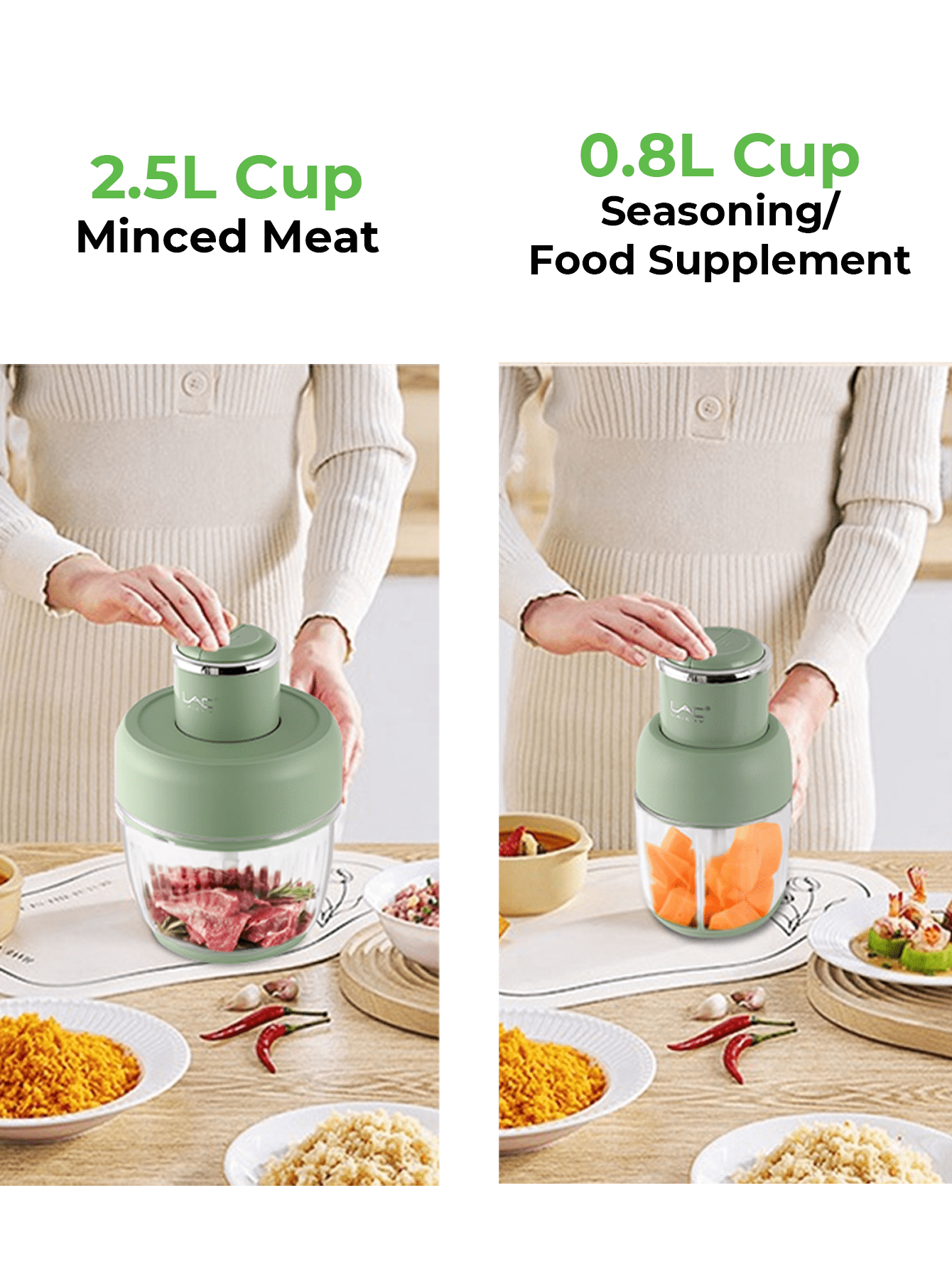10-Cup Dual Pot Food Processor, Stainless Steel Blades, Veggie Chopper for Kitchen Use, Light Green