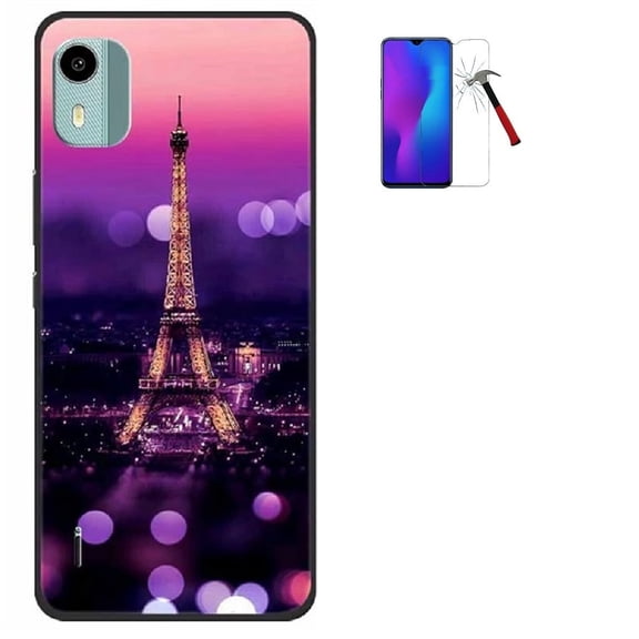 Phone Case for Nokia C110/ N156DL, Flexible Soft TPU Gel Patterned Cover   Tempered Glass (Purple Paris Tower)