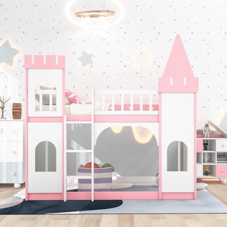 UBesGoo Twin over Twin Floor Bunk Bed with Ladder for Kids Bed Pink
