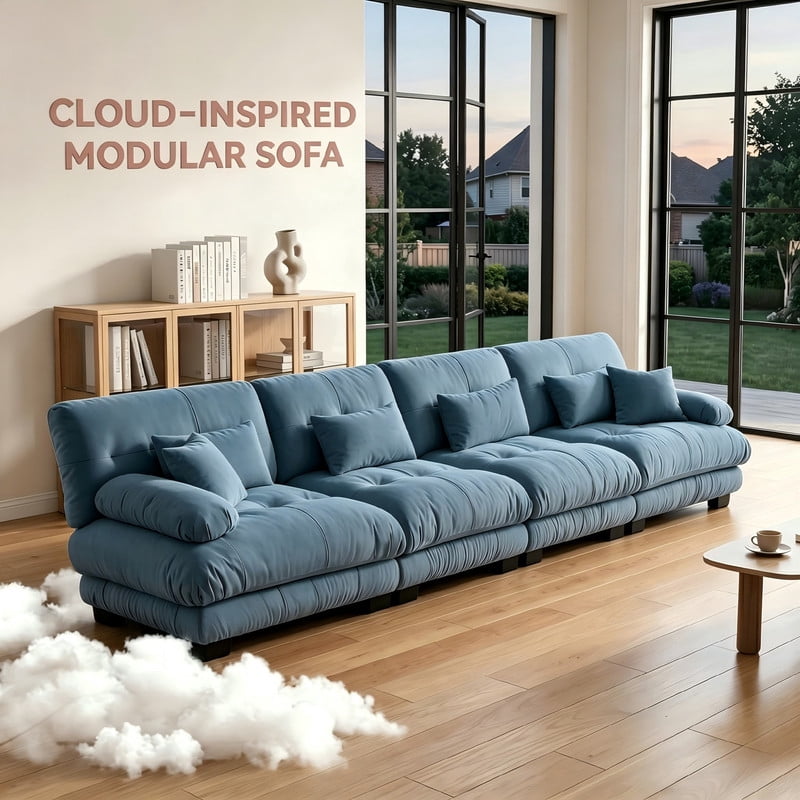ANPPORT Cloud Couch Sleeper Sofa, Chenille Blue 4-Seater Modular Sofa, 4 Lumbar pillows, 2 Pillows, Comfy Deep Seat Cloud Sofa, Convertible L-Shaped Floor Couch for Living Room