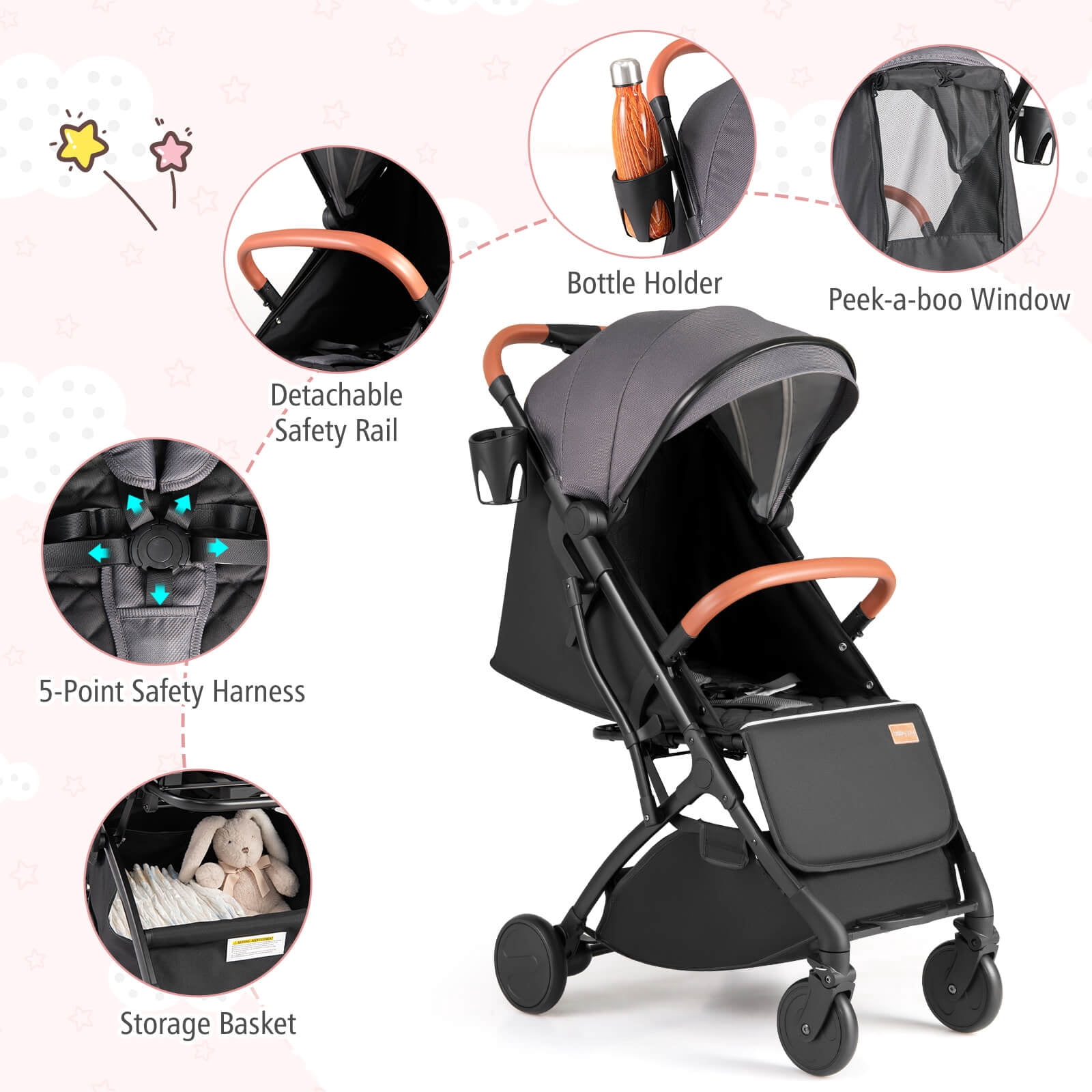 Infans Lightweight Baby Stroller w/One-Hand Folding, Extendable Canopy, Storage Baske
